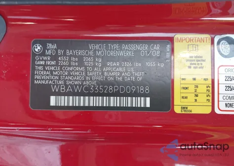 2008 BMW 328Xi из США, поврежденный, VIN WBAWC33528PD09188